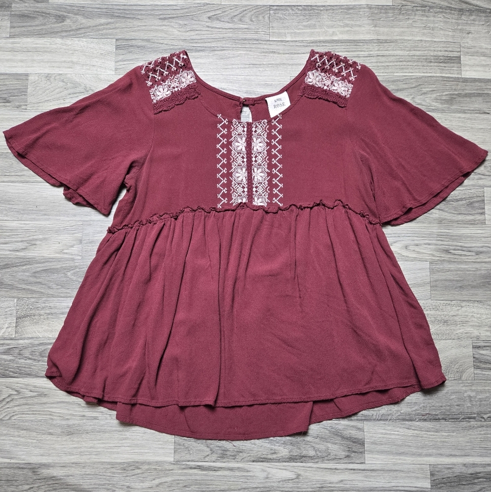 Knox Rose Boho Embroidered Burgundy Blouse